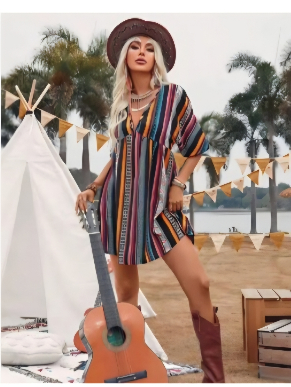 New Boho Striped Mini Dress